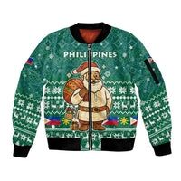 Philippines Christmas Sleeve Zip Bomber Jacket with Green Geometric Design, Santa in Barong Tagalog, and National Coat of Arms Motif - Wonder Print Shop