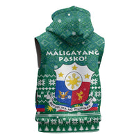 Philippines Christmas Sleeveless Hoodie with Green Geometric Design, Santa in Barong Tagalog, and National Coat of Arms Motif - Wonder Print Shop