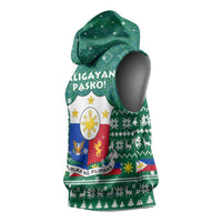 Philippines Christmas Sleeveless Hoodie with Green Geometric Design, Santa in Barong Tagalog, and National Coat of Arms Motif - Wonder Print Shop