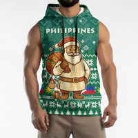 Philippines Christmas Sleeveless Hoodie with Green Geometric Design, Santa in Barong Tagalog, and National Coat of Arms Motif - Wonder Print Shop