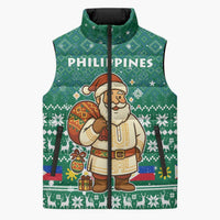 Philippines Christmas Sleeveless Puffer Jacket with Green Geometric Design, Santa in Barong Tagalog, and National Coat of Arms Motif - Wonder Print Shop