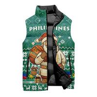 Philippines Christmas Sleeveless Puffer Jacket with Green Geometric Design, Santa in Barong Tagalog, and National Coat of Arms Motif - Wonder Print Shop