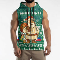 Philippines Christmas Sleeveless Zip Hoodie with Green Geometric Design, Santa in Barong Tagalog, and National Coat of Arms Motif - Wonder Print Shop