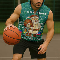 Philippines Christmas Sleeveless Zip Hoodie with Green Geometric Design, Santa in Barong Tagalog, and National Coat of Arms Motif - Wonder Print Shop
