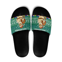 Philippines Christmas Slide Sandals with Green Geometric Design, Santa in Barong Tagalog, and National Coat of Arms Motif - Wonder Print Shop