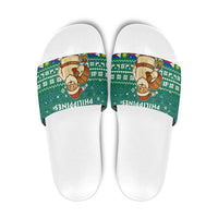 Philippines Christmas Slide Sandals with Green Geometric Design, Santa in Barong Tagalog, and National Coat of Arms Motif - Wonder Print Shop