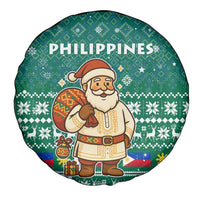 Philippines Christmas Spare Tire Cover with Green Geometric Design, Santa in Barong Tagalog, and National Coat of Arms Motif - Wonder Print Shop