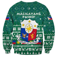 Philippines Christmas Sweatshirt with Green Geometric Design, Santa in Barong Tagalog, and National Coat of Arms Motif - Wonder Print Shop