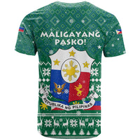 Philippines Christmas T Shirt with Green Geometric Design, Santa in Barong Tagalog, and National Coat of Arms Motif - Wonder Print Shop