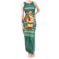 Philippines Christmas Tank Maxi Dress with Green Geometric Design, Santa in Barong Tagalog, and National Coat of Arms Motif - Wonder Print Shop