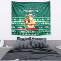 Philippines Christmas Tapestry with Green Geometric Design, Santa in Barong Tagalog, and National Coat of Arms Motif - Wonder Print Shop