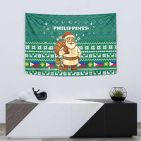 Philippines Christmas Tapestry with Green Geometric Design, Santa in Barong Tagalog, and National Coat of Arms Motif - Wonder Print Shop