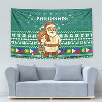 Philippines Christmas Tapestry with Green Geometric Design, Santa in Barong Tagalog, and National Coat of Arms Motif - Wonder Print Shop
