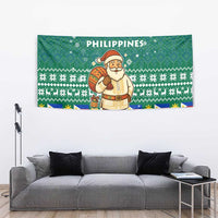 Philippines Christmas Tapestry with Green Geometric Design, Santa in Barong Tagalog, and National Coat of Arms Motif - Wonder Print Shop