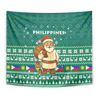 Philippines Christmas Tapestry with Green Geometric Design, Santa in Barong Tagalog, and National Coat of Arms Motif - Wonder Print Shop