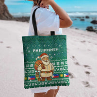 Philippines Christmas Tote Bag with Green Geometric Design, Santa in Barong Tagalog, and National Coat of Arms Motif - Wonder Print Shop