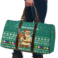 Philippines Christmas Travel Bag with Green Geometric Design, Santa in Barong Tagalog, and National Coat of Arms Motif - Wonder Print Shop