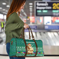 Philippines Christmas Travel Bag with Green Geometric Design, Santa in Barong Tagalog, and National Coat of Arms Motif - Wonder Print Shop