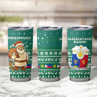 Philippines Christmas Tumbler Cup with Green Geometric Design, Santa in Barong Tagalog, and National Coat of Arms Motif - Wonder Print Shop