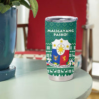 Philippines Christmas Tumbler Cup with Green Geometric Design, Santa in Barong Tagalog, and National Coat of Arms Motif - Wonder Print Shop