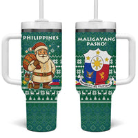 Philippines Christmas Tumbler With Handle with Green Geometric Design, Santa in Barong Tagalog, and National Coat of Arms Motif - Wonder Print Shop