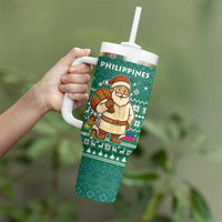 Philippines Christmas Tumbler With Handle with Green Geometric Design, Santa in Barong Tagalog, and National Coat of Arms Motif - Wonder Print Shop