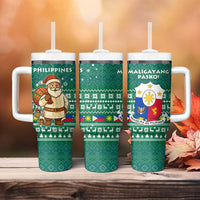 Philippines Christmas Tumbler With Handle with Green Geometric Design, Santa in Barong Tagalog, and National Coat of Arms Motif - Wonder Print Shop