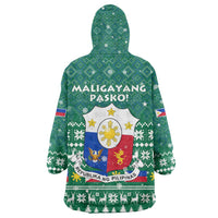 Philippines Christmas Wearable Blanket Hoodie with Green Geometric Design, Santa in Barong Tagalog, and National Coat of Arms Motif - Wonder Print Shop