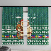 Philippines Christmas Window Curtain with Green Geometric Design, Santa in Barong Tagalog, and National Coat of Arms Motif - Wonder Print Shop