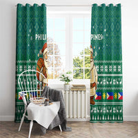 Philippines Christmas Window Curtain with Green Geometric Design, Santa in Barong Tagalog, and National Coat of Arms Motif - Wonder Print Shop