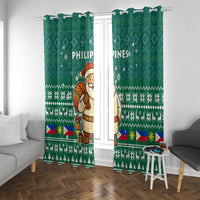 Philippines Christmas Window Curtain with Green Geometric Design, Santa in Barong Tagalog, and National Coat of Arms Motif - Wonder Print Shop