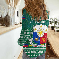 Philippines Christmas Women Casual Shirt with Green Geometric Design, Santa in Barong Tagalog, and National Coat of Arms Motif - Wonder Print Shop