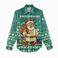 Philippines Christmas Women Casual Shirt with Green Geometric Design, Santa in Barong Tagalog, and National Coat of Arms Motif - Wonder Print Shop