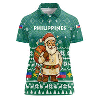 Philippines Christmas Women Polo Shirt with Green Geometric Design, Santa in Barong Tagalog, and National Coat of Arms Motif - Wonder Print Shop
