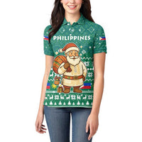Philippines Christmas Women Polo Shirt with Green Geometric Design, Santa in Barong Tagalog, and National Coat of Arms Motif - Wonder Print Shop