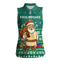 Philippines Christmas Women Sleeveless Polo Shirt with Green Geometric Design, Santa in Barong Tagalog, and National Coat of Arms Motif - Wonder Print Shop