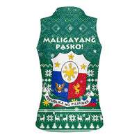 Philippines Christmas Women Sleeveless Polo Shirt with Green Geometric Design, Santa in Barong Tagalog, and National Coat of Arms Motif - Wonder Print Shop