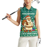 Philippines Christmas Women Sleeveless Polo Shirt with Green Geometric Design, Santa in Barong Tagalog, and National Coat of Arms Motif - Wonder Print Shop