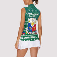 Philippines Christmas Women Sleeveless Polo Shirt with Green Geometric Design, Santa in Barong Tagalog, and National Coat of Arms Motif - Wonder Print Shop