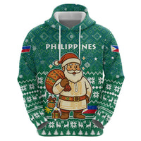 Philippines Christmas Zip Hoodie with Green Geometric Design, Santa in Barong Tagalog, and National Coat of Arms Motif - Wonder Print Shop