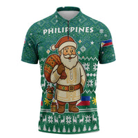 Philippines Christmas Zipper Polo Shirt with Green Geometric Design, Santa in Barong Tagalog, and National Coat of Arms Motif - Wonder Print Shop