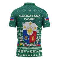Philippines Christmas Zipper Polo Shirt with Green Geometric Design, Santa in Barong Tagalog, and National Coat of Arms Motif - Wonder Print Shop