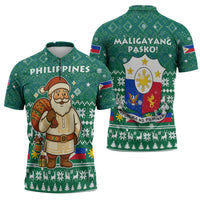 Philippines Christmas Zipper Polo Shirt with Green Geometric Design, Santa in Barong Tagalog, and National Coat of Arms Motif - Wonder Print Shop
