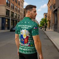 Philippines Christmas Zipper Polo Shirt with Green Geometric Design, Santa in Barong Tagalog, and National Coat of Arms Motif - Wonder Print Shop