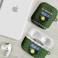 Guadeloupe Christmas AirPods Case with Green-Red Plaid Design, Sun and Sugarcane Emblem, and Santa Sleigh Motif - Wonder Print Shop