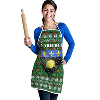 Guadeloupe Christmas Apron with Green-Red Plaid Design, Sun and Sugarcane Emblem, and Santa Sleigh Motif - Wonder Print Shop