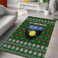 Guadeloupe Christmas Area Rug with Green-Red Plaid Design, Sun and Sugarcane Emblem, and Santa Sleigh Motif - Wonder Print Shop