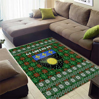 Guadeloupe Christmas Area Rug with Green-Red Plaid Design, Sun and Sugarcane Emblem, and Santa Sleigh Motif - Wonder Print Shop