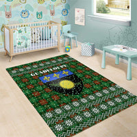 Guadeloupe Christmas Area Rug with Green-Red Plaid Design, Sun and Sugarcane Emblem, and Santa Sleigh Motif - Wonder Print Shop