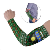 Guadeloupe Christmas Arm Sleeves with Green-Red Plaid Design, Sun and Sugarcane Emblem, and Santa Sleigh Motif - Wonder Print Shop